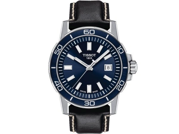 Tissot-Supersport-Quarz-Gent-Edelstahl-blaues-Zifferblatt-schwarzes-Lederband