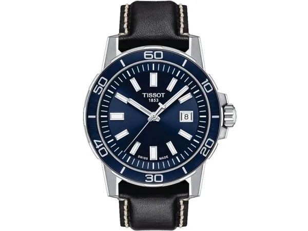 Tissot-Supersport-Quarz-Gent-Edelstahl-blaues-Zifferblatt-schwarzes-Lederband