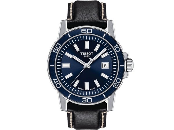 Tissot-Supersport-Quarz-Gent-Edelstahl-blaues-Zifferblatt-schwarzes-Lederband